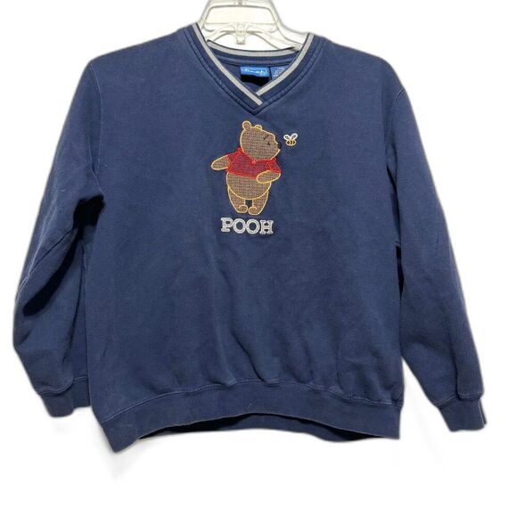 Vintage Disney Pooh Sweatshirt Embroidered Long Sleeve V-Neck Navy sz Large - Picture 1 of 7